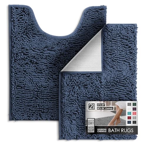 Hearth & Harbor Bathroom Rugs, Chenille Bath Mat - Machine Washable Bath Mats for Bathroom Non-Slip Backing Rubber, Quick Dry Bathroom Mat - Navy Blue 17x24-20x24 - color: Navy Blue, style: 17 x 24 + 20 x 24