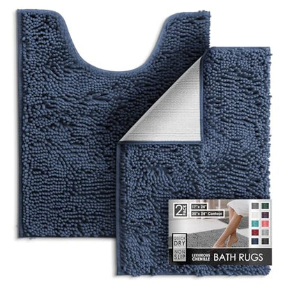Hearth & Harbor Bathroom Rugs, Chenille Bath Mat - Machine Washable Bath Mats for Bathroom Non-Slip Backing Rubber, Quick Dry Bathroom Mat - Navy Blue 17x24-20x24 - color: Navy Blue, style: 17 x 24 + 20 x 24