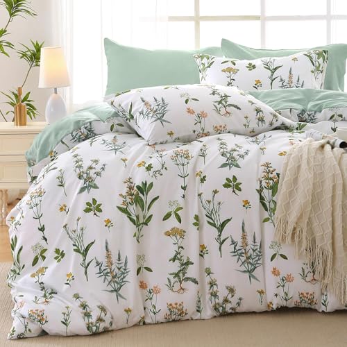 MUXHOMO Full Comforter Set, Green Elegant Floral Print Bed in a Bag 7 Pieces, Ultra Soft & Breathable Reversible Botanical Pattern Bedding Set with Comforter, Sheets, Pillowcases, and Shams - color: Green Flower, size: Full(82"x86")