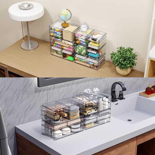 Yieach 2 Pack Acrylic Storage Drawers With 12 Small Drawer,Stackable Office Cabinet Organizer and Makeup Organizer,Clear Plastic Drawers for Craft Supply,Pen,Stationary,Accessory,Makeup,Desk Organizer - size: Large-12 Drawers-2Pack