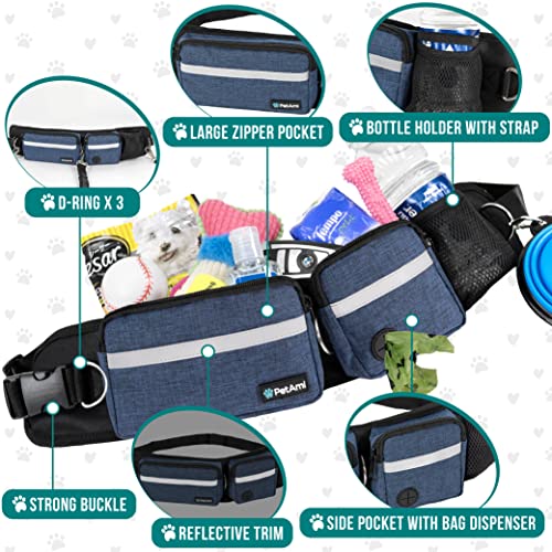 PetAmi Hands Free Dog Leash Belt Bag for Walking, Jogging - Double Zipper Pouch with Poop Bag Dispenser, Dual Padded Handles Reflective Bungee Leash, Single (Navy) - color: Navy, size: 1 Leash