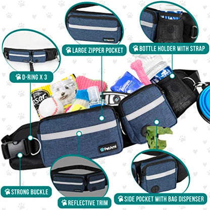 PetAmi Hands Free Dog Leash Belt Bag for Walking, Jogging - Double Zipper Pouch with Poop Bag Dispenser, Dual Padded Handles Reflective Bungee Leash, Single (Navy) - color: Navy, size: 1 Leash