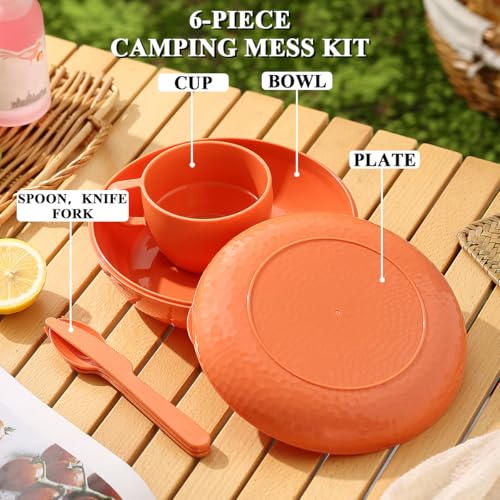 Homquen 6-Piece Camping Mess Kit with Bowl, Plate, Cup, Spoon, Fork, Knife and Carry Bag, Camping Accessories Essentials Gear Light Weight and Small Space Easy to Carry or Put in Backpack