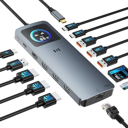 Selore USB C Docking Station 3 HDMI, 13-in-1 Laptop Docking Station with Triple 4K HDMI, Smart Display, 2.5G Ethernet, 100W PD, 10Gbps USB A/C 3.1, SD/microSD Card Reader for Dell/HP/Lenovo Laptops - color: Space Grey