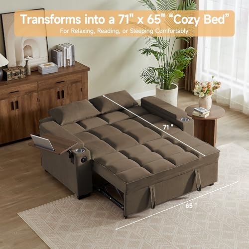 hansones 65'' 3-in-1 Folding Convertible Sofa Bed, Pullout Sofa, Modern Chenille Fabric, 360° Swivel Side Table, Easy Assembly, Perfect for Living Room(ZY-1107A-Brown)