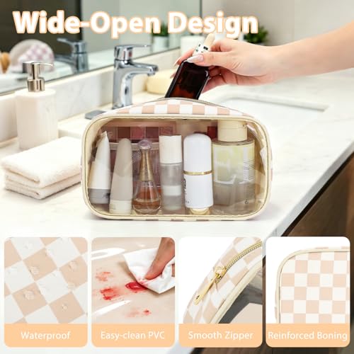 Fammart Clear Travel Makeup Bag for Women, TSA Approved Checkered Cosmetic Bag Make Up Car Organizer Case with Zipper, Large Waterproof Pouch Purse Toiletry Bag for Skincare, Brushes Travel Essentials - color: Clear, 2PCS - Khaki Checkered