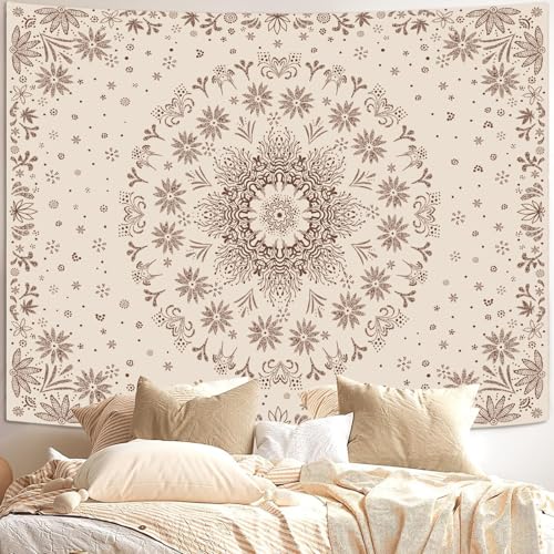 Fowocu Boho Floral Mandala Tapestry Wall Hanging Bohemian Flower Medallion Tapestry Aesthetic Beige Brown Hippie Indian Small Tapestries for Bedroom Living Room Dorm Decor 90 x 68 Inch - color: Brown, size: 90"L x 68"W
