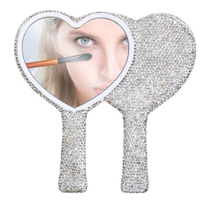 Rhinestone Handheld Mirror, Heart Shaped Hand Mirror Glitter Cosmetic Portable Cute Travel Makeup Lash for Women Wedding Silver White