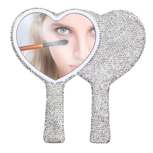 Rhinestone Handheld Mirror, Heart Shaped Hand Mirror Glitter Cosmetic Portable Cute Travel Makeup Lash for Women Wedding Silver White