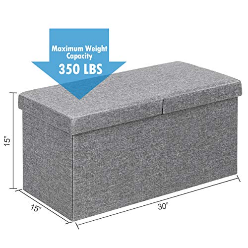 Folding Storage Ottoman w/Flipping Lid, End of Bed Bench, Fabric Shoe Bench w/Padded Seat, Upholstered Foot Rest Stool, Storage Box for Living Room, Bedroom, Entryway (Silver)