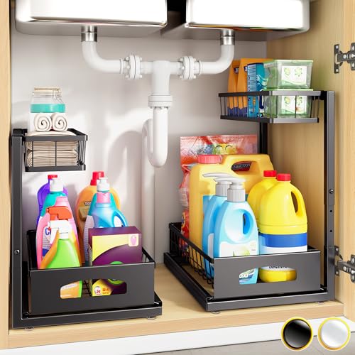 Under Sink Organizer, 2 Pack Cabinet Organizer for Kitchen, Height Adjustable Pull Out Heavy Duty 2 Tier Metal Under Sink Storage for Bathroom Pantry (Black, 2 Pack) - color: Black, size: 2 Pack