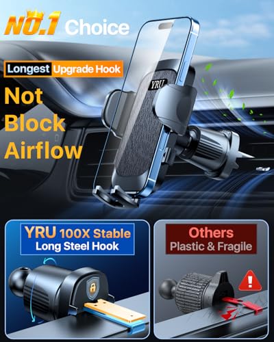 YRU True Upgrade for Safety Car Phone Holder Mount Patent & Military-Grade Dashboard Cell Phone Holder for Car Vent Windshield Phone Stand for iPhone 17 16 15 14 13 Pro Max Truck Samsung, Matte Black - color: Matte Black