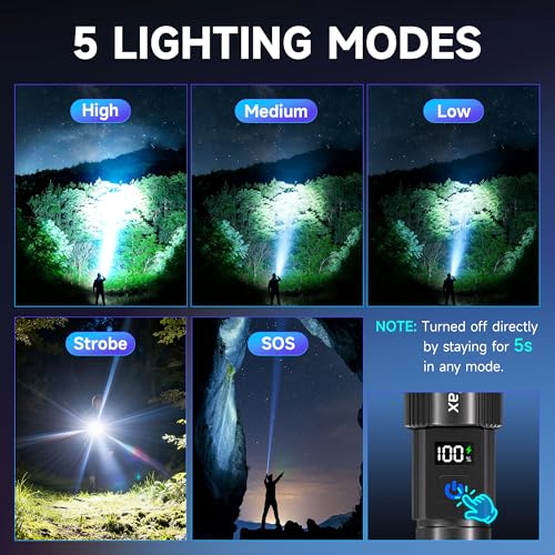 4Pack Rechargeable Flashlights High Lumens 10000LM, Super Bright Flashlight with LCD Digital Display, 5 Modes Adjustable Flash Light, LED Flashlight Powerful, Tactical Flashlights for Home