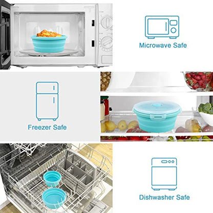 Guyuyii Collapsible Bowls with Lids 4 PC Food-Grade Silicone BPA-Free | Round Nesting Set for Camping, RV Travel, Kitchen Storage | Easy Cleaning, Compatible with Freezer, Microwaves, Dishwashers - color: blue round