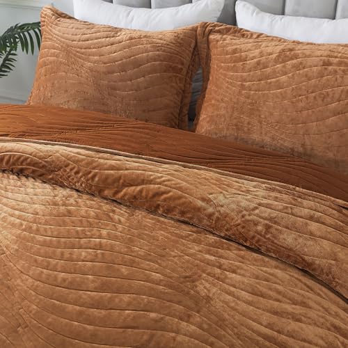 HoneiLife Velvet Quilts Queen Size - Lightweight Bedspreads 3-Pieces, Solid Coverlets Queen Quilt Bedding Sets, Wavy Quilt Sets for All Season Use-Camel - color: Camel-velvet, size: Queen/Full-90"x96"
