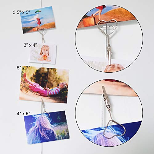 Multi-Purpose Steel Wall Hanging Photo Display Cable Wire Rod with 12 Adjustable Clips for Hanging Photos Notes Postcard and Artworks (Heart) - size: Heart