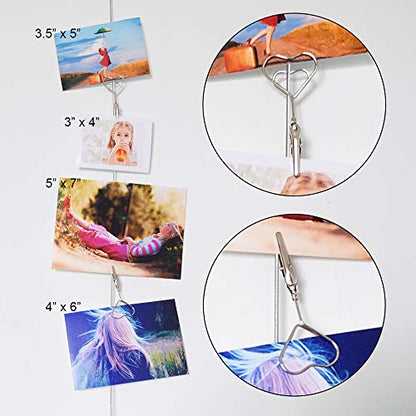 Multi-Purpose Steel Wall Hanging Photo Display Cable Wire Rod with 12 Adjustable Clips for Hanging Photos Notes Postcard and Artworks (Heart) - size: Heart