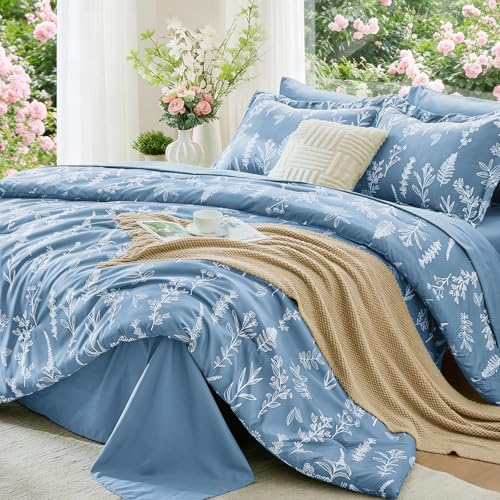 MUXHOMO Ice Blue Full Comforter Set, Elegant Floral Print Bed in a Bag 7 Pieces, Ultra Soft & Breathable Reversible Botanical Pattern Bedding Set with Comforter, Sheets, Pillowcases, and Shams - color: Ice Blue Leaves, size: Full(82"x86")