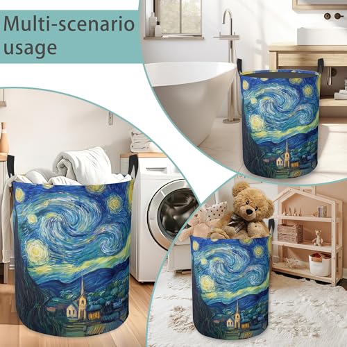 Starry Night Round Laundry Basket Collapsible Laundry Hamper with Handles Toys Clothes Organizer Bin For Home Bathroom Bedroom Dorm Nursery - color: Starry Night