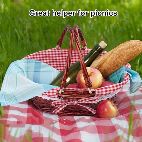 GNIEMCKIN 2 Pack 12.6 Inch Wicker Basket with Handle, Wicker Picnic Baskets with Red Checkered Liner, Oval Willow Woven Basket for Fruit, Wine, Wedding, Picnic(Brown Color) - size: 2 Pack 12.6 Inch Brown
