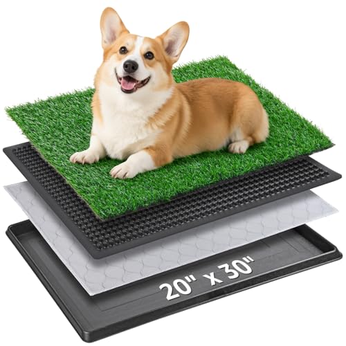 Portable Dog Grass Pad with Tray 20''x30'': Dog Litter Box with Artificial Grass Patch Bathroom Mat & Washable Pee Pad for Puppy Potty Training, Pet Loo Indoor Outdoor Use for Patio Balcony Apartment - size: 20"x30"（Potty System)