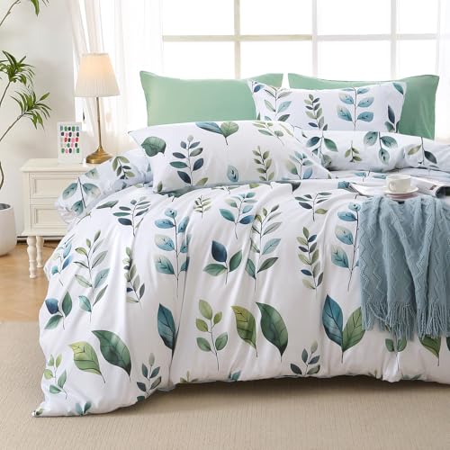 MUXHOMO Grey Green Foliage Full Comforter Set, Elegant Floral Print Bed in a Bag 7 Pieces, Soft & Breathable Reversible Botanical Pattern Bedding Set with Comforter, Sheets, Pillowcases, and Shams - color: Grey Green Foliage, size: Full(82"x86")