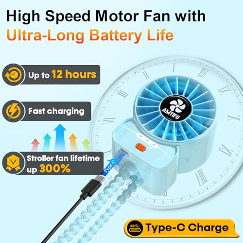 AMTIFO Blue Baby Fan - USB Rechargeable, Quiet, Adjustable Speed, Portable Cooling Fan for Baby Stroller, Car Seats, Nurseries, and Outdoor Activities - Long Battery Life, Turbo Airflow - color: Blue