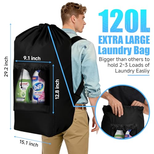 Laundry Backpack,120L Large Backpack Laundry Bag with Adjustable Shoulder Straps and Mesh Pocket, Durable Nylon Travel Laundry Bags Drawstring for College Dorm Essentials Laundromat Apartment Camping