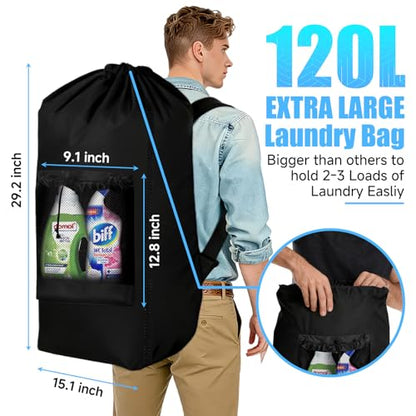 Laundry Backpack,120L Large Backpack Laundry Bag with Adjustable Shoulder Straps and Mesh Pocket, Durable Nylon Travel Laundry Bags Drawstring for College Dorm Essentials Laundromat Apartment Camping