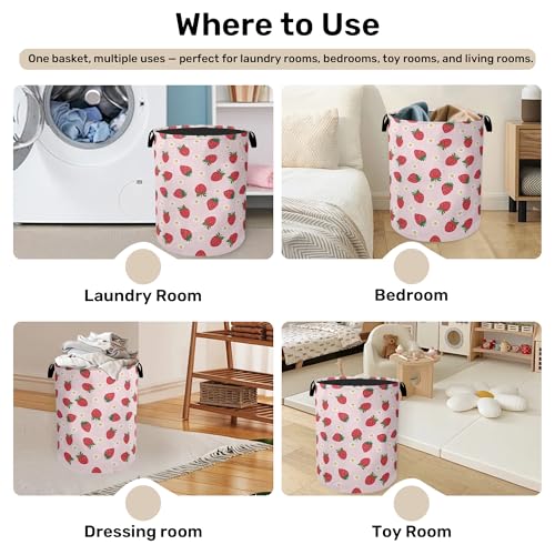 Cute Pink Strawberry Laundry Basket, Extra Large Foldable Hamper for Bathroom/Laundry/Bedroom/Dorm, Washable Fabric Storage Bin with Handle - color: Cute Pink Strawberry