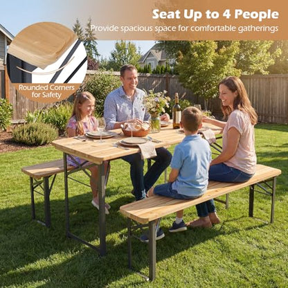 Tangkula 3 Piece Folding Picnic Table with 2 Benches, Foldable Wood Picnic Table Bench Set with Heavy-Duty Metal Frame for 4, Space-Saving Outside Table and Bench Set for Backyard, Patio, Garden
