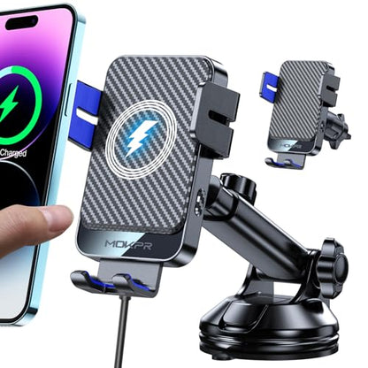 Wireless Car Charger, MOKPR 15W Fast Charging Auto-Clamping Car Mount Hands-Free Car Charger Mount for Dash Windshield Air Vent Compatible with iPhone 16 15/14/13/12, Samsung S23/S22/S21,Blue - color: Blue
