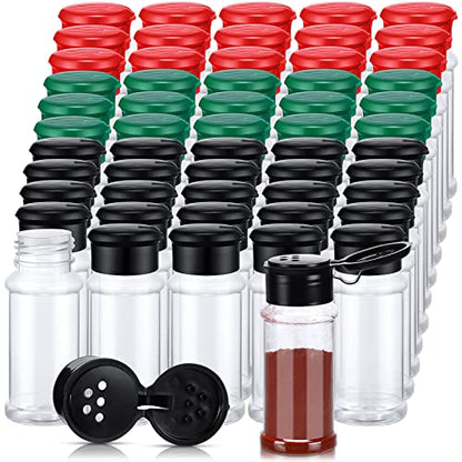 Amyhill 100 Pcs Plastic Spice Bottles Spice Jars Seasoning Jars Shaker Plastic Jars 3.3 Oz/ 100ml Seasoning Shaker with Shaker Lids(Green, Red, Black Lid) - color: Green, Red, Black Lid