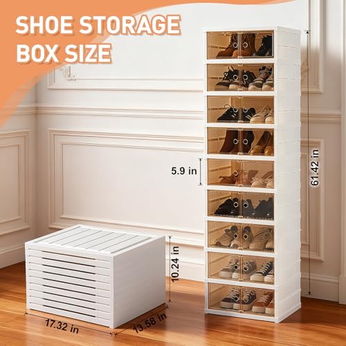 Foldable Shoe Rack Organizer Collapsible Shoe Storage Organizer with Doors, Large Plastic Folding Shoe Rack, Clear Stackable Shoe Boxes Easy Assembly Shoe Cabinet for Entryway (9 Tiers-18 Pairs) - size: 9 Tiers-18 Pairs
