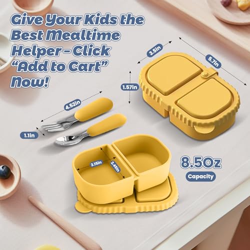 Silicone Snack Containers for Kids (8.5Oz, 2-Compartment)+ Kids Silicone Cutlery Set (Spoon and Fork) - BPA Free, Leak Proof, Great for Toddler/Kid/Adult Meal Prep Containers (yellow) - color: Yellow