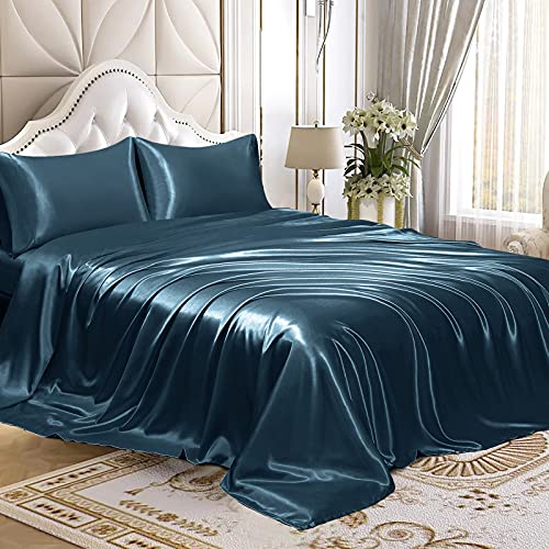 Homiest 3pcs Satin Sheets Set Luxury Silky Satin Bedding Set with Deep Pocket, 1 Fitted Sheet + 1 Flat Sheet + 1 Pillowcase (Twin XL Size, Deep Sea Blue) - color: Deep Sea Blue, size: Deep pocket - Twin XL size
