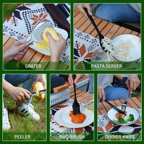 Wesqunie Camping Essentials Cooking Utensils Set - 30Pcs Stainless Steel & Silicone Camp Kitchen Cookware Set, RV Picnic Grill Equipment - color: green-pro