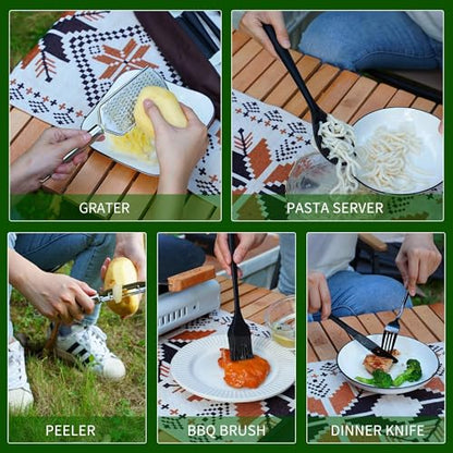 Wesqunie Camping Essentials Cooking Utensils Set - 30Pcs Stainless Steel & Silicone Camp Kitchen Cookware Set, RV Picnic Grill Equipment - color: green-pro
