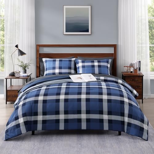 MaiRêve Queen Size Plaid Comforter Set Indigo Blue, Classic Checkered 7 Pieces Farmhouse Bedding Set, All Season Lightweight Bed in A Bag with Sheets, Pillowcases & Shams - color: Indigo Blue, size: Queen