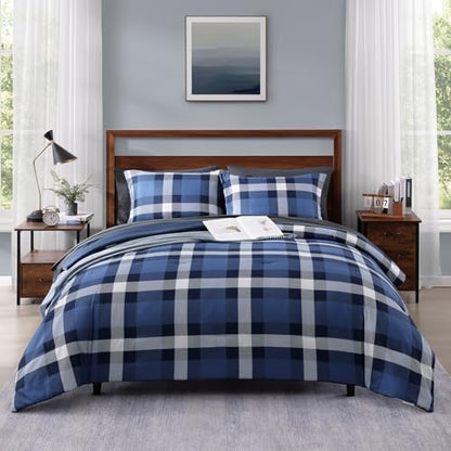 MaiRêve Queen Size Plaid Comforter Set Indigo Blue, Classic Checkered 7 Pieces Farmhouse Bedding Set, All Season Lightweight Bed in A Bag with Sheets, Pillowcases & Shams - color: Indigo Blue, size: Queen