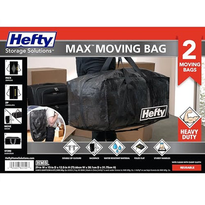 Hefty Moving Bag – Extra Large Double Zipper Backpack – Heavy Duty, Water Resistant, Foldable, Reusable Packing & Storage Tote with Shoulder Straps for Garage and Basement Organization – 2 Pack - size: 11 Gal - Moving Bag