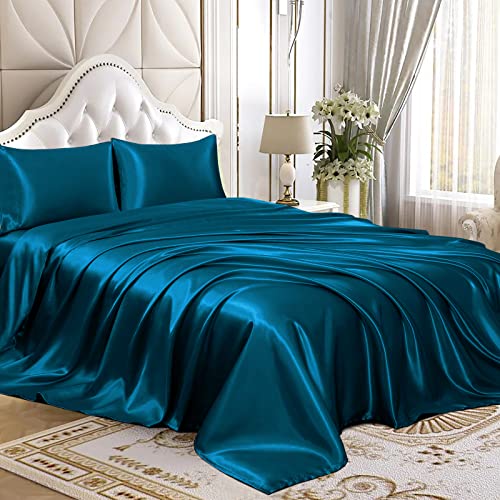 Homiest 3pcs Satin Sheets Set Luxury Silky Satin Bedding Set with Deep Pocket, 1 Fitted Sheet + 1 Flat Sheet + 1 Pillowcase (Twin Size, Dark Teal) - color: Dark Teal, size: Deep pocket - Twin size