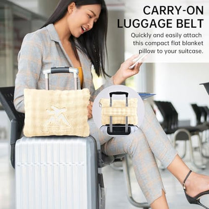 Travel Blanket and Pillow-2-in-1, Ultra-Soft&Compact, One-Piece Airplane Blanket with Hand Luggage Belt and Backpack Clip,Travelers Accessories Gifts, 61x43 Inches(White) - color: White
