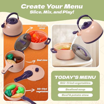 CUTE STONE 51-Piece Mini Play Kitchen Accessories for Kids, Pretend Cooking Playset with Pots, Pans, Utensils, Cutting Fun Fruits & Veggies, Learning Gift for Toddlers, Girls & Boys - style: Purple Cooking Set