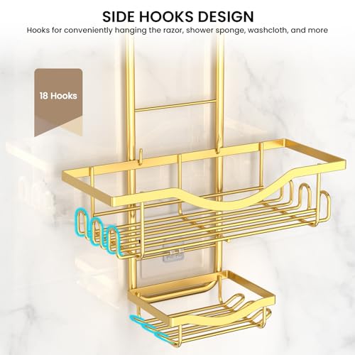 Shower Caddy Hanging Adjustable Shower Caddy, Rustproof Shower Organizer Extended Length Showers Caddy Over Shower Head with Hooks Soap Holder, Large Capacity Anti-Swing Bathroom Organizer, Gold - color: Gold