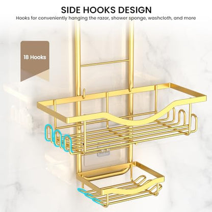 Shower Caddy Hanging Adjustable Shower Caddy, Rustproof Shower Organizer Extended Length Showers Caddy Over Shower Head with Hooks Soap Holder, Large Capacity Anti-Swing Bathroom Organizer, Gold - color: Gold