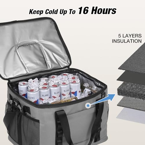 WARMOUNTS Insulated Cooler Bag 48/75 Cans, Soft Sided Portable Lunch Bag Coolers w/Zippered Top, Leak Proof PVC Interlayer, 5-Layer Insulation Large Ice Chest Bag for Travel, Camping, Beach, Picnic - color: Gray