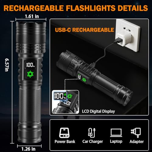 3Pack Rechargeable Flashlights High Lumens 9900FL, LED Flashlight Rechargeable with LCD Digital Display, 5Modes Adjustable Flash Light, Super Bright Flashlight Powerful, Tactical Flashlights for Home - size: 3Pack