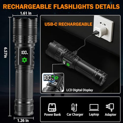 3Pack Rechargeable Flashlights High Lumens 9900FL, LED Flashlight Rechargeable with LCD Digital Display, 5Modes Adjustable Flash Light, Super Bright Flashlight Powerful, Tactical Flashlights for Home - size: 3Pack