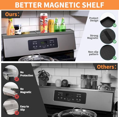 BFONS 30" Magnetic Stove Top Shelf Spice Rack Storage, Silicone Top Heat Material Stove Rack Shelf Flexible Seasoning Organizer Kitchen Shelves Gadgets with 2 Functional Prtitions for Kitchen （Grey） - color: Grey